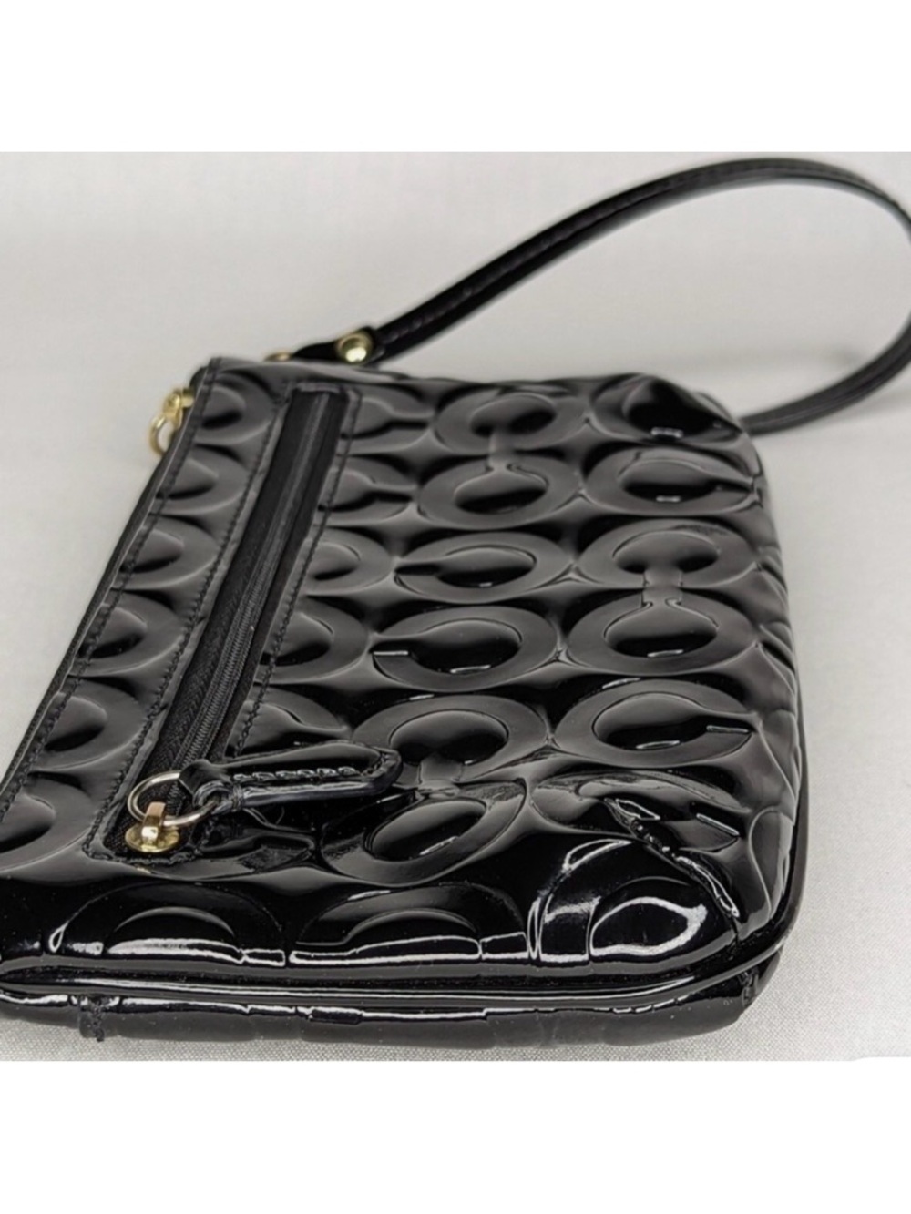 Coach Black Patent Leather Wristlet with Gold-Tone Logo - Picture 3 of 7